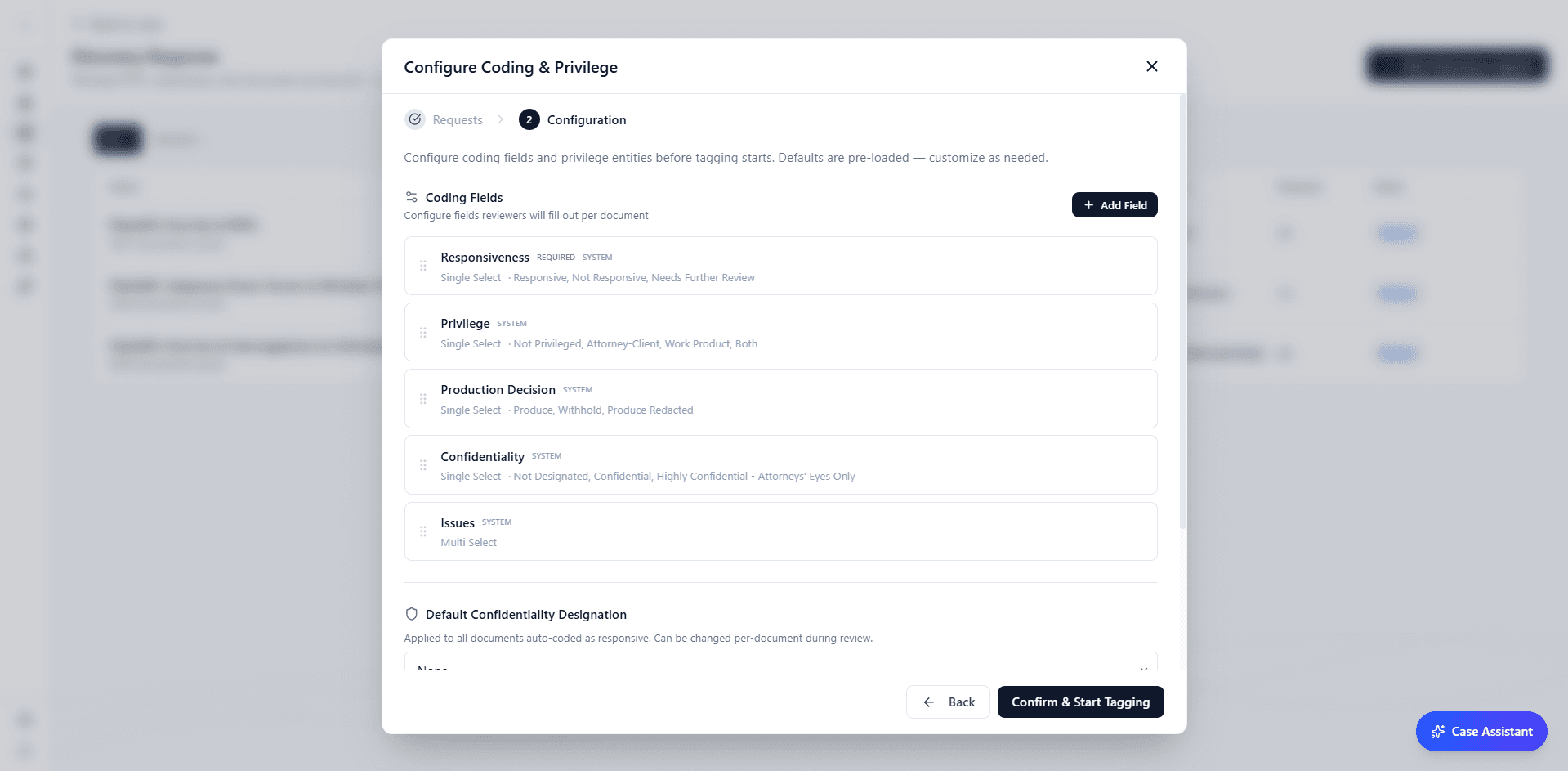 Configure Coding and Privilege fields modal