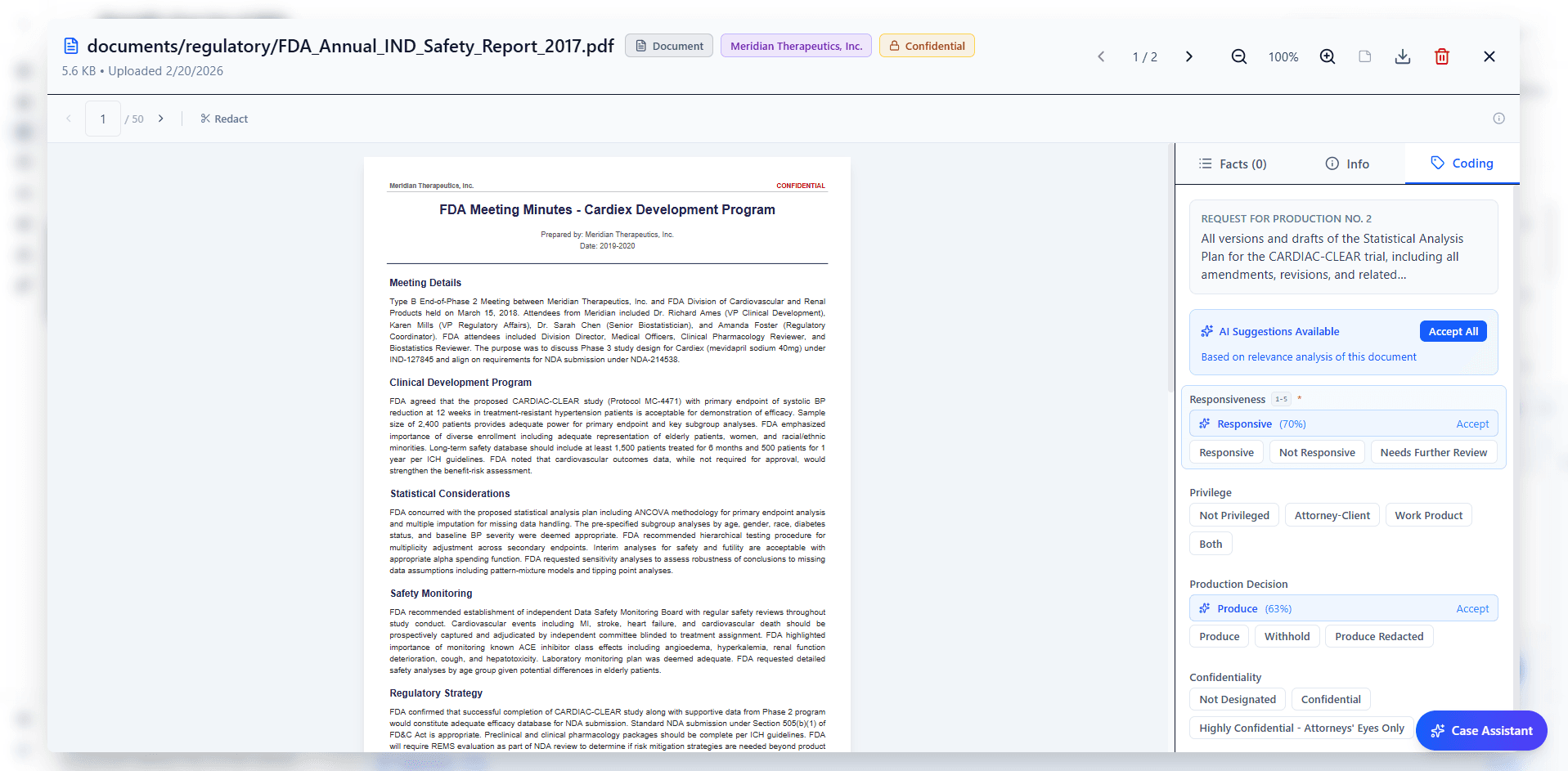 Document viewer with coding panel showing AI suggestions for responsiveness, privilege, and production decision