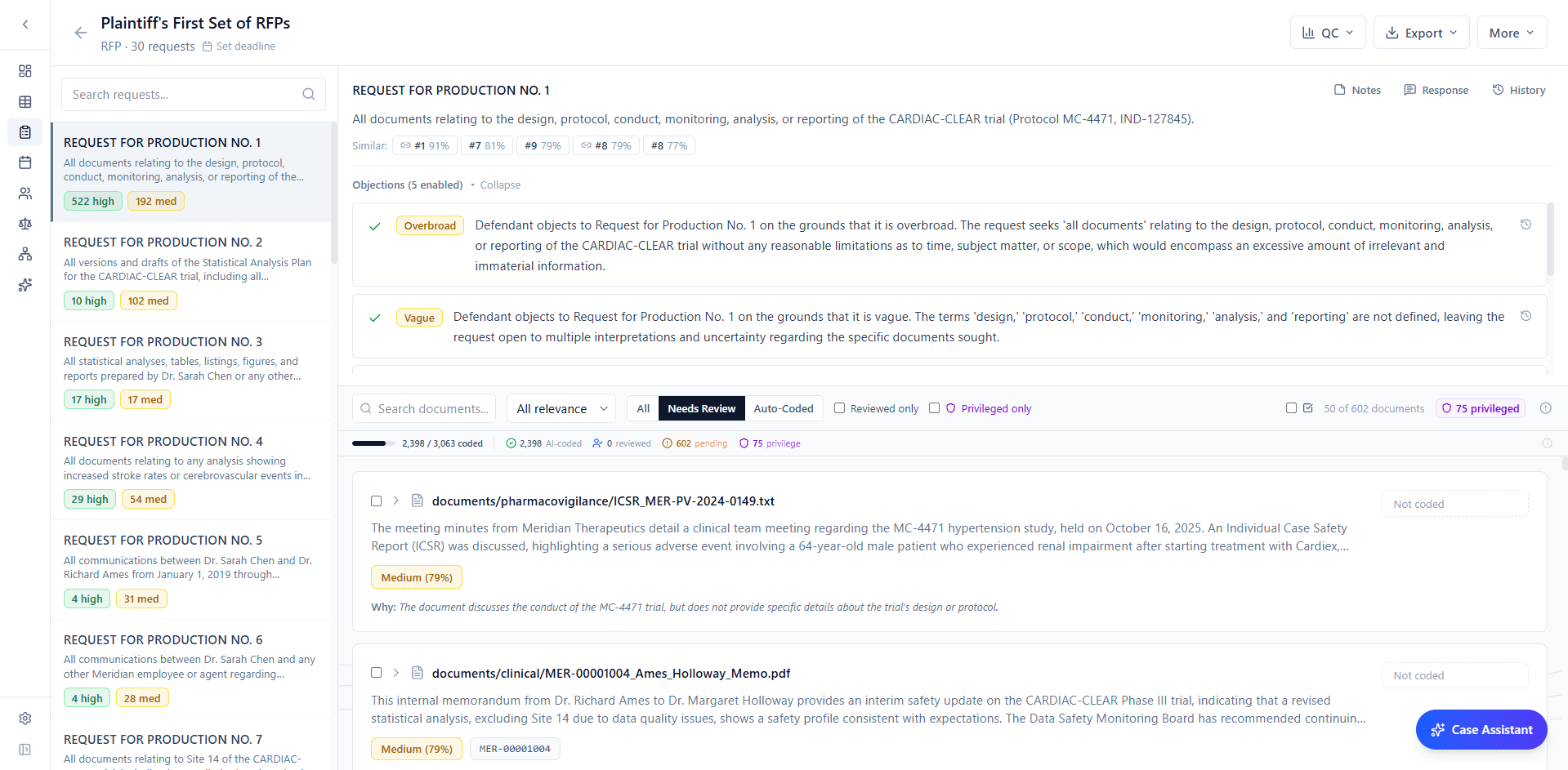 Expanded objections view showing Overbroad and Vague objections with AI-generated legal language