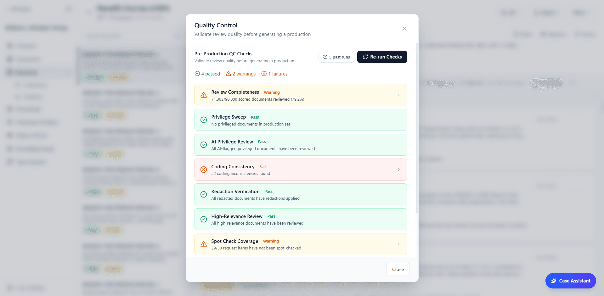 Quality Control modal with pre-production checks showing pass, warning, and fail statuses