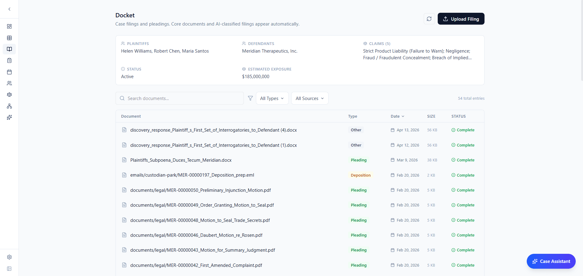 Docket page with parties, defendants, claims, status, exposure, and pleadings list