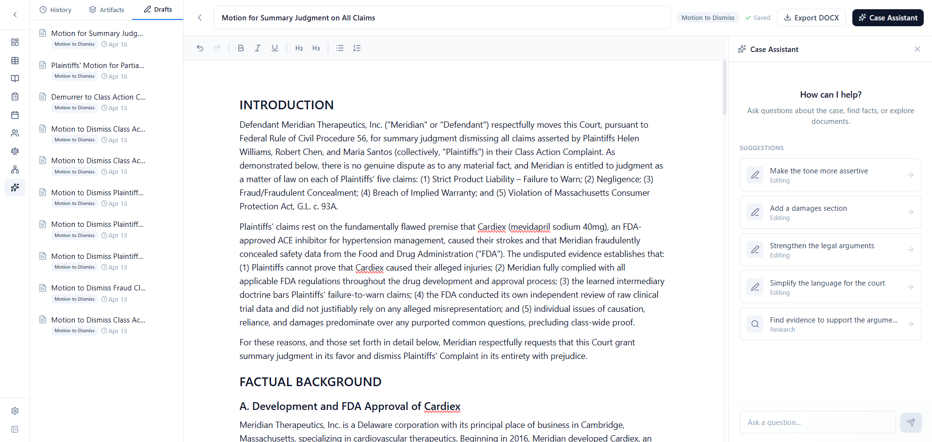 Unified draft editor with a Motion for Summary Judgment open and the Case Assistant suggesting edits in the side panel