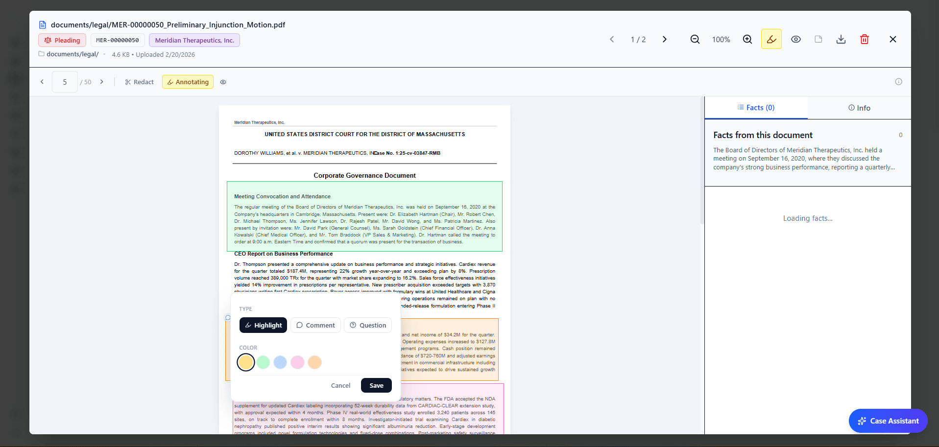 Document viewer with color highlight tool open on a preliminary injunction motion, with extracted facts panel on the right