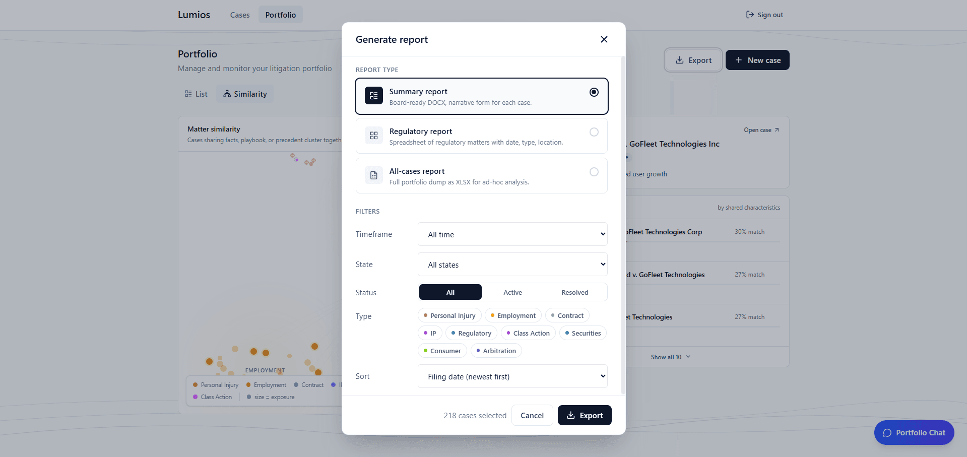 Generate Report modal with summary, regulatory, and all-cases options and filter controls