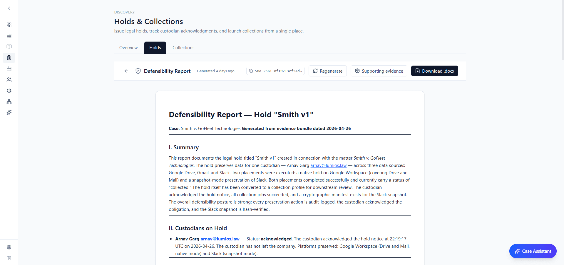 Defensibility report for a litigation hold with hash, regenerate, supporting evidence, and download buttons, plus a summary section and custodian acknowledgment list