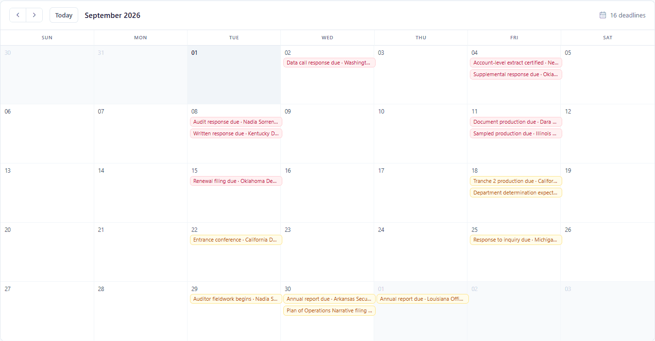 In-house deadlines calendar for September 2026 showing 16 deadline chips across the month, colored rose for dates within two weeks and amber for dates within thirty days, each labeled with the deadline type and its matter, with today highlighted and month navigation arrows at the top