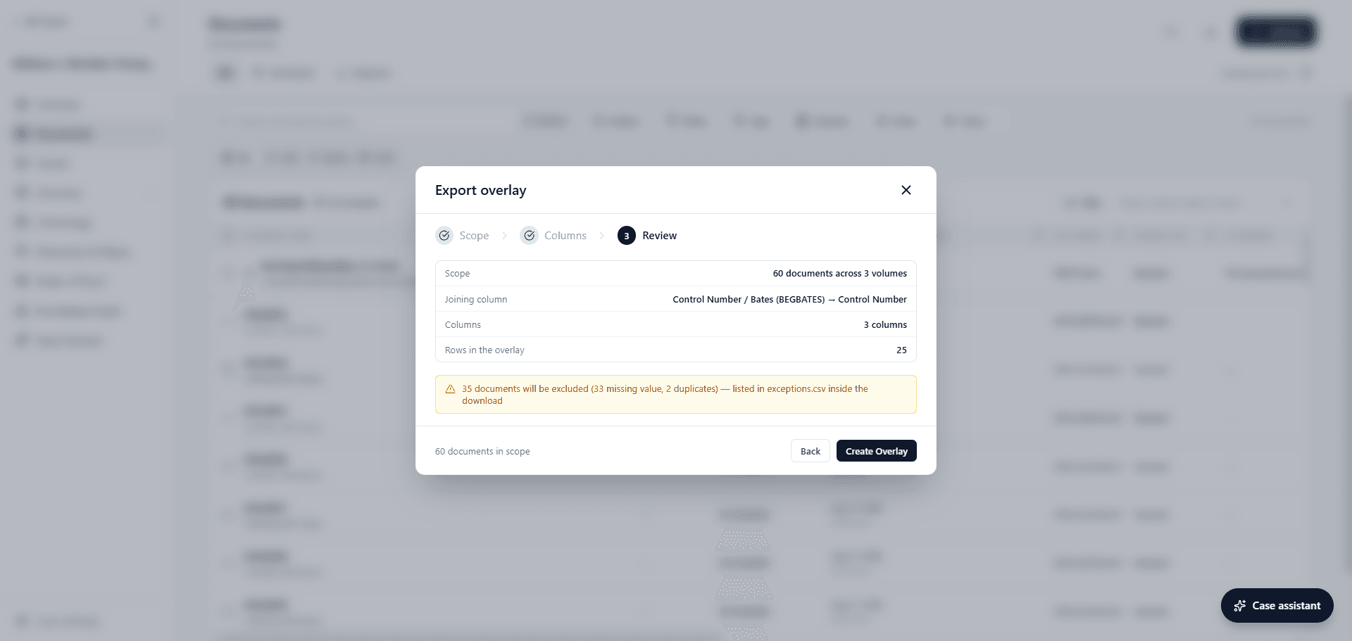 Export overlay modal on its review step, with scope and columns already set, summarizing 60 documents across 3 volumes, the joining column mapping Bates to control number, the column count, and 25 rows in the overlay, above a warning that 35 documents will be excluded for missing values or duplication and listed in an exceptions file inside the download