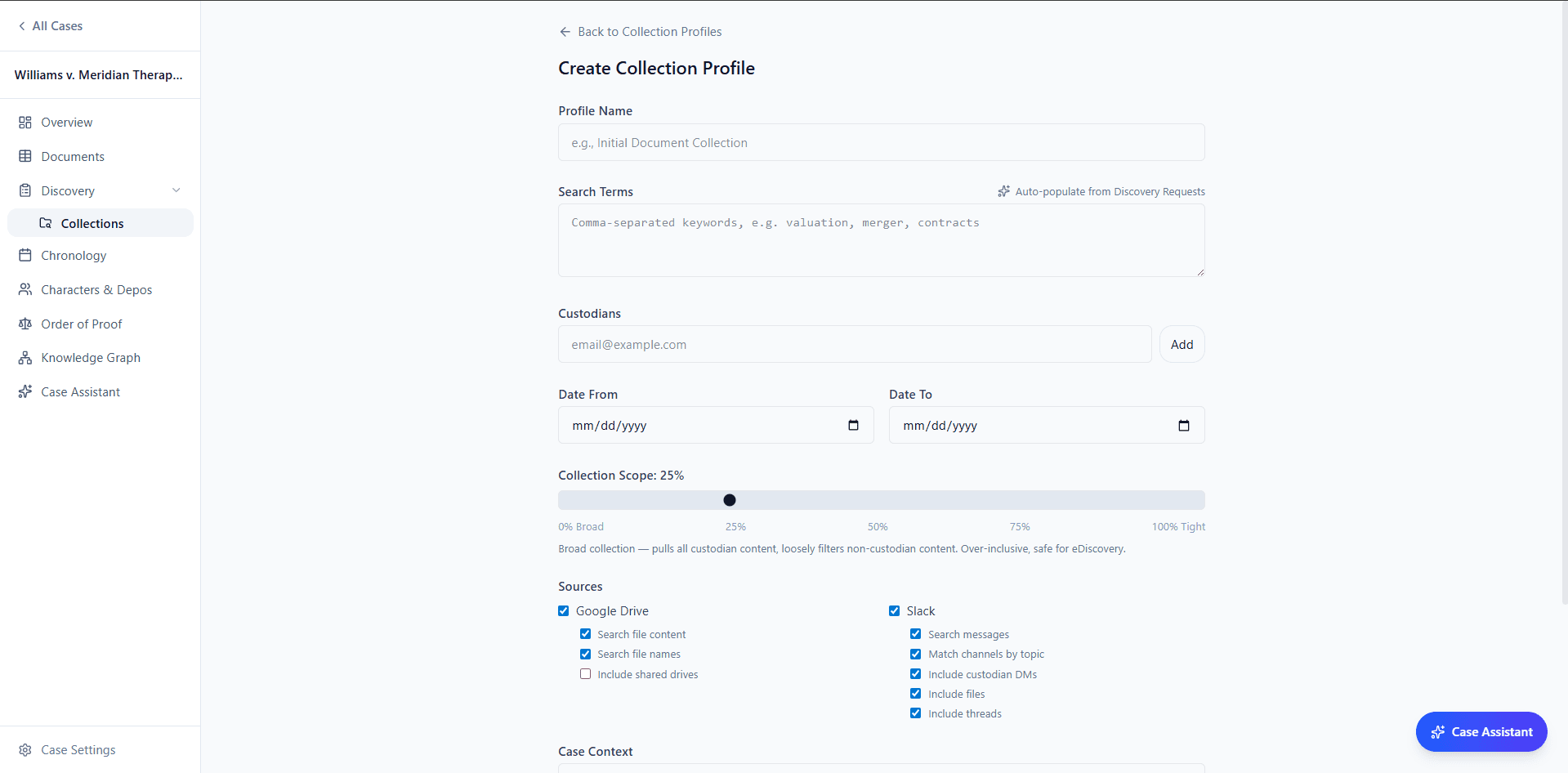 Collection profile creation with sources and scope