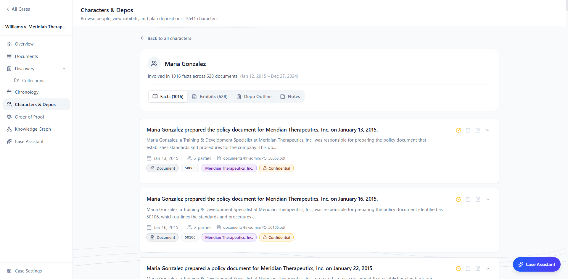 Character profile with facts and exhibits