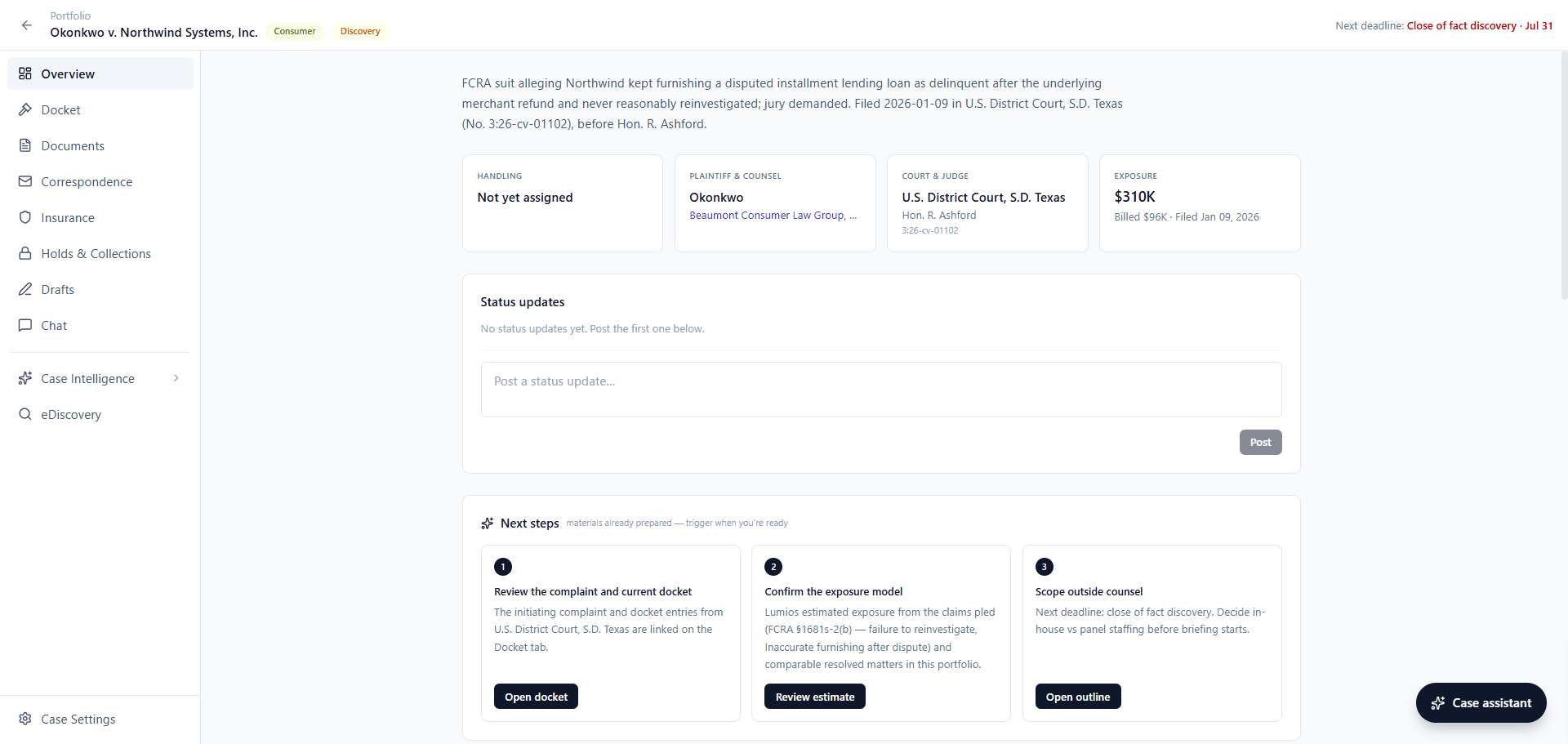 Matter overview page with tiles for handling, plaintiff and counsel, court and judge, and exposure with the amount billed beneath it, above a status updates panel and three prepared next steps each with an action button