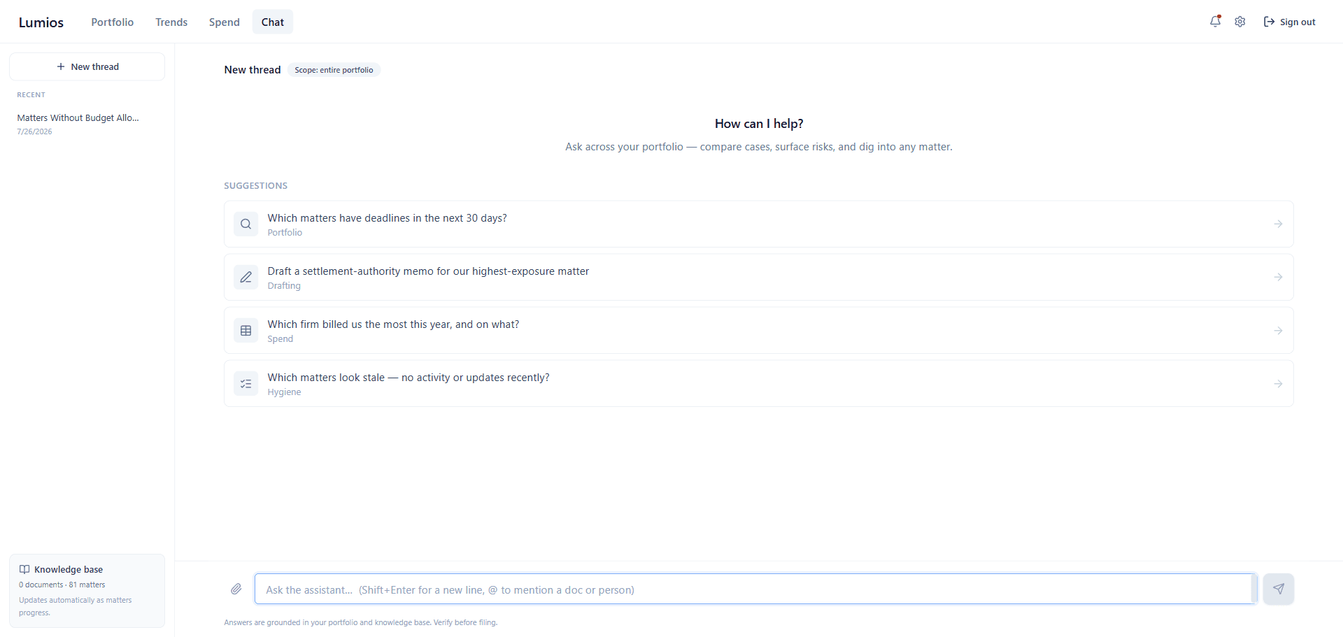 Portfolio Chat with a sidebar of recent threads, the scope set to the entire portfolio, four suggested questions covering portfolio deadlines, drafting a settlement-authority memo, firm spend, and stale matters, and a card noting the 81 matters the answers draw on