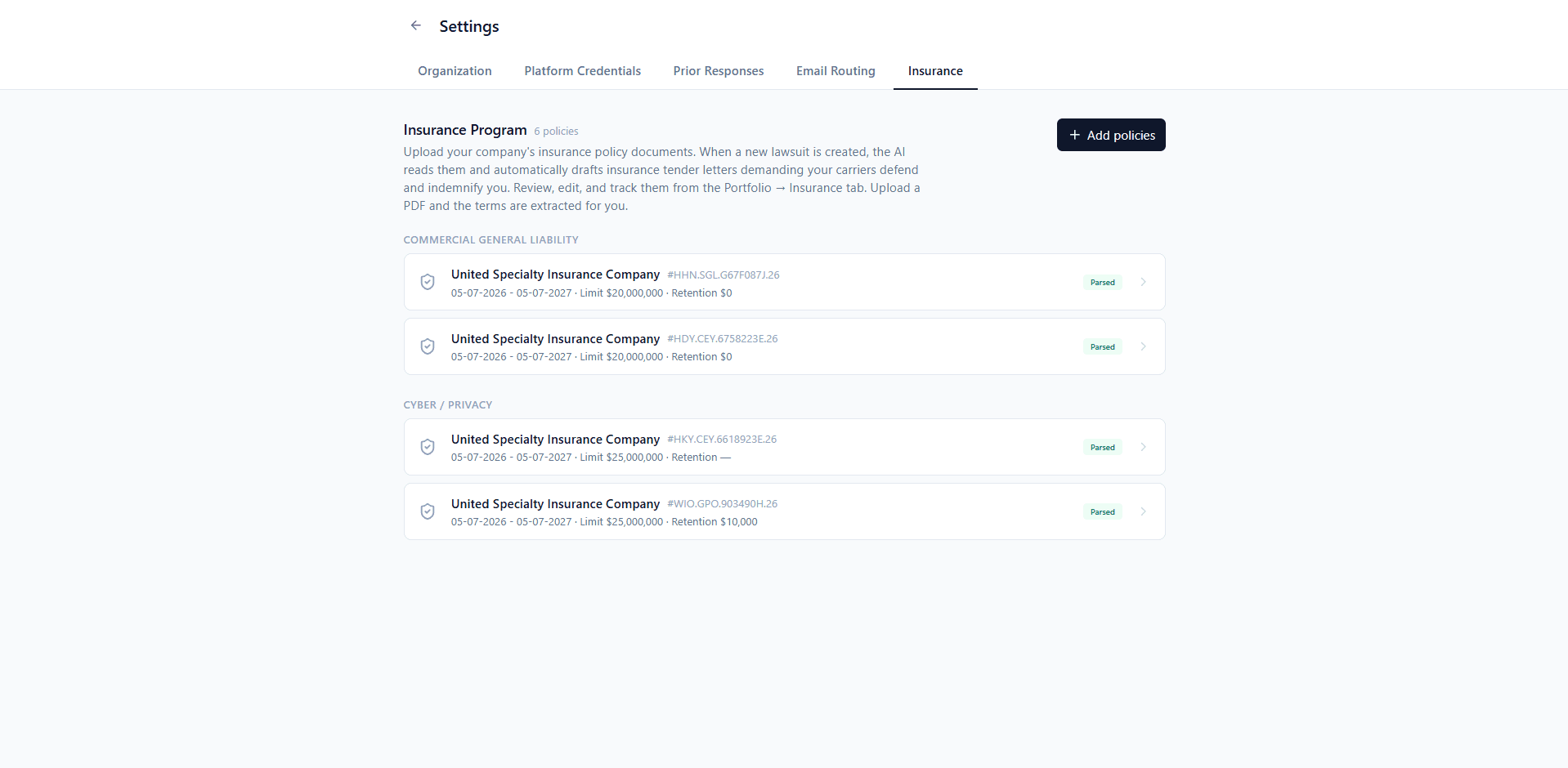 Insurance Program settings listing uploaded policies grouped by line of coverage, Commercial General Liability and Cyber / Privacy, each showing the carrier, policy number, policy period, limit, and retention, all marked Parsed