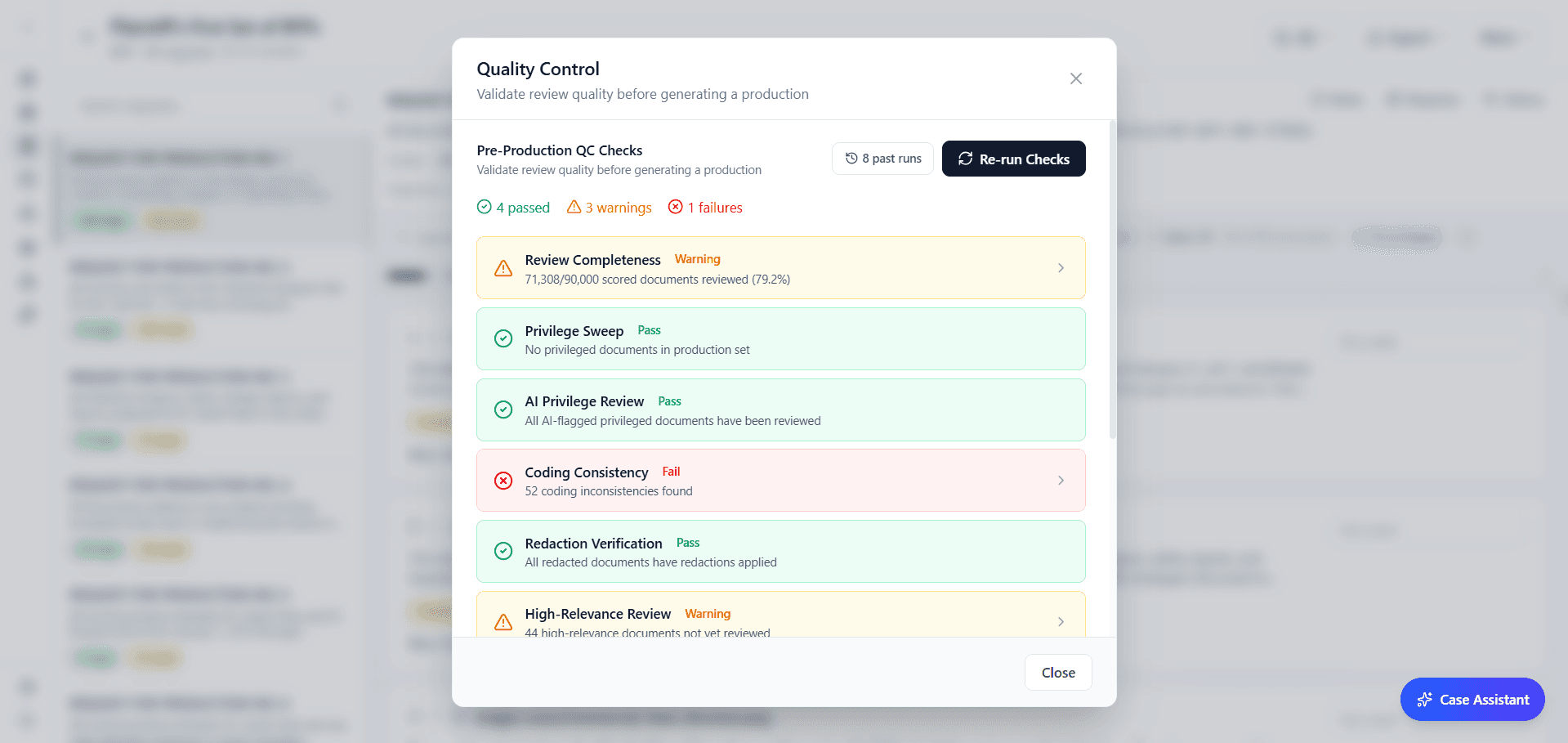 QC dashboard with pre-production checks showing pass, warning, and fail statuses