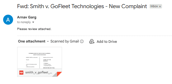Forwarded email with complaint attachment triggering Lumios intake