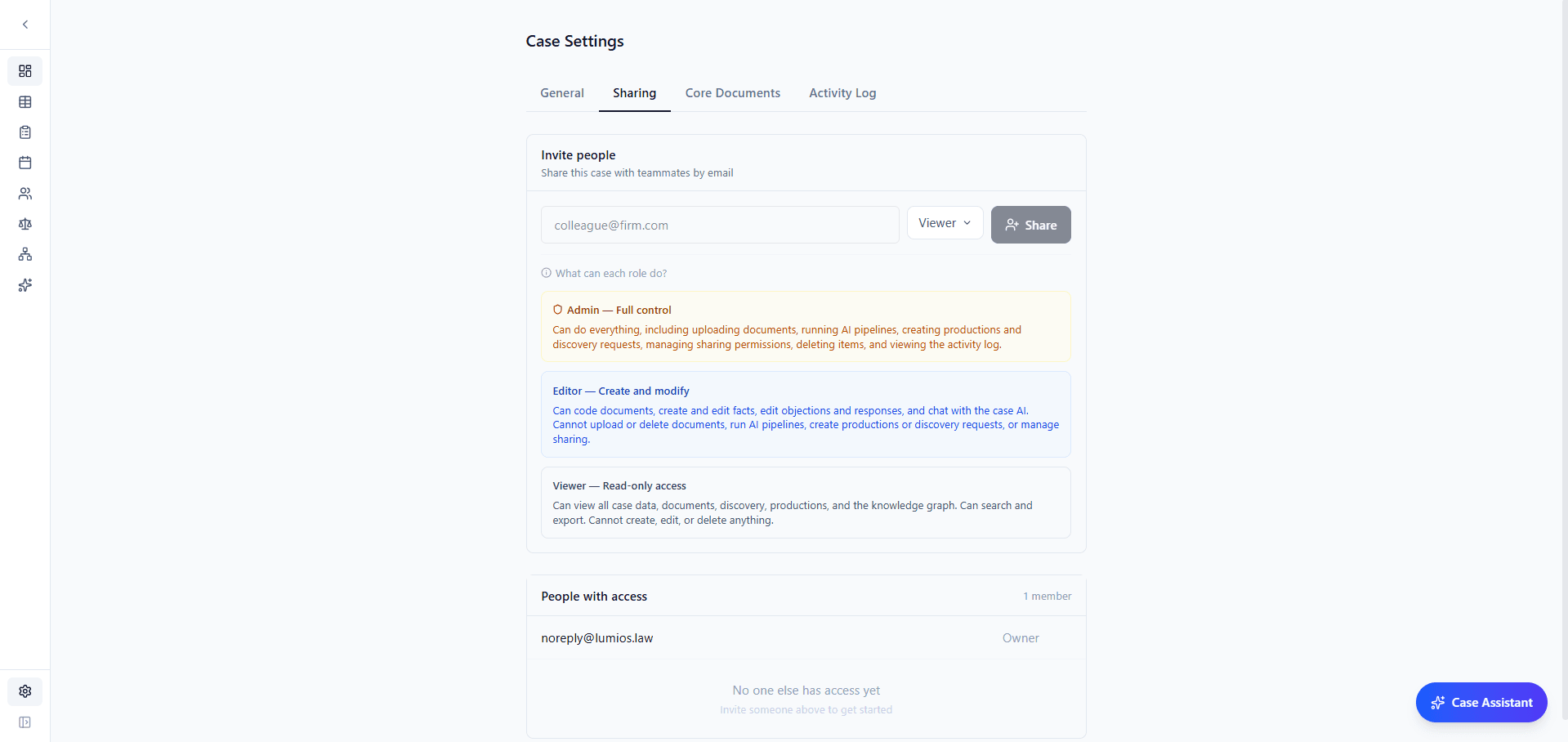Case sharing settings with Viewer, Editor, and Admin role descriptions