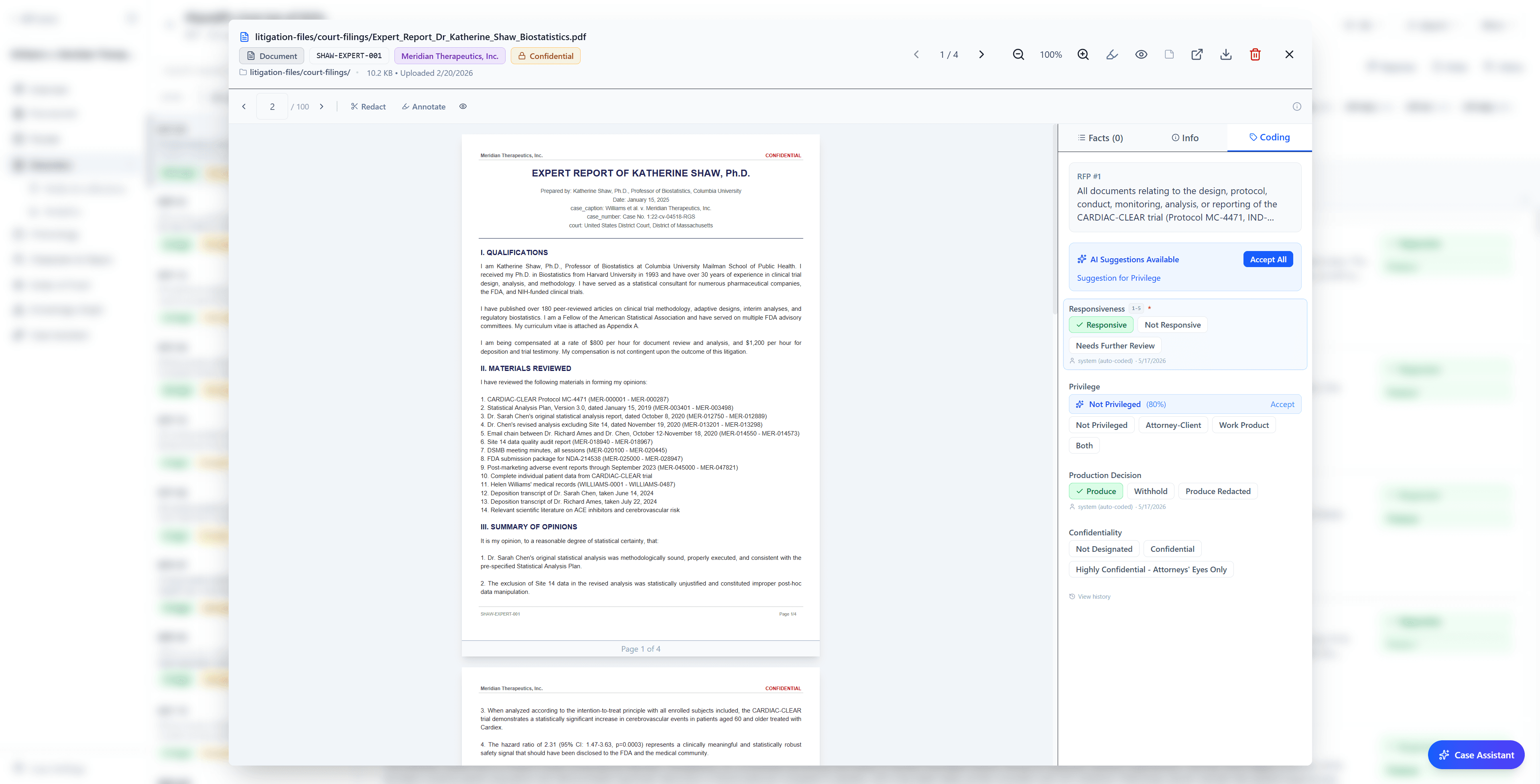 Document viewer with a coding panel for RFP #1, showing responsiveness, privilege, production decision, and confidentiality with AI suggestions