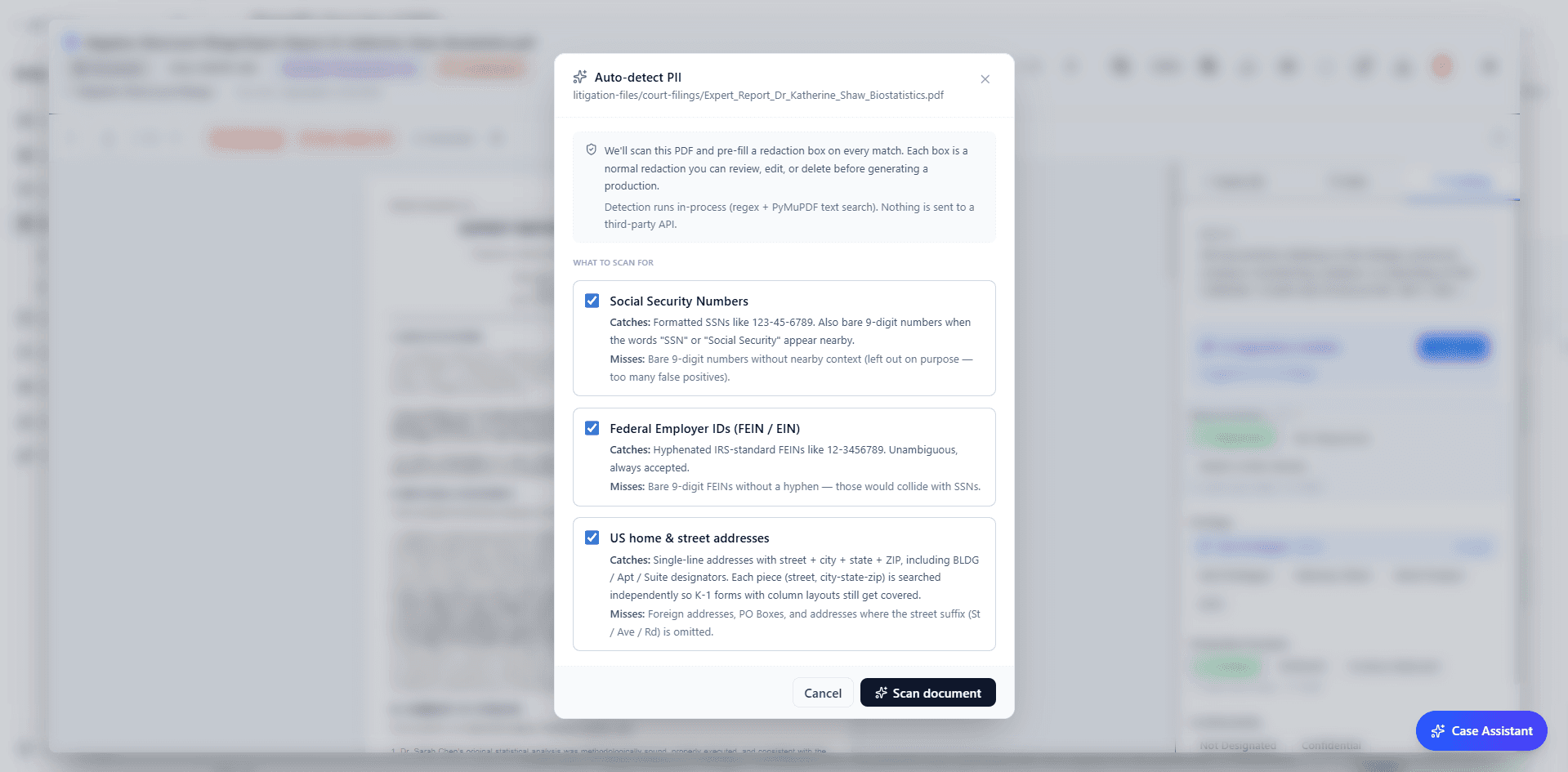 Auto-detect PII modal listing detection categories (Social Security Numbers, Federal Employer IDs, and US addresses) with a Scan document action