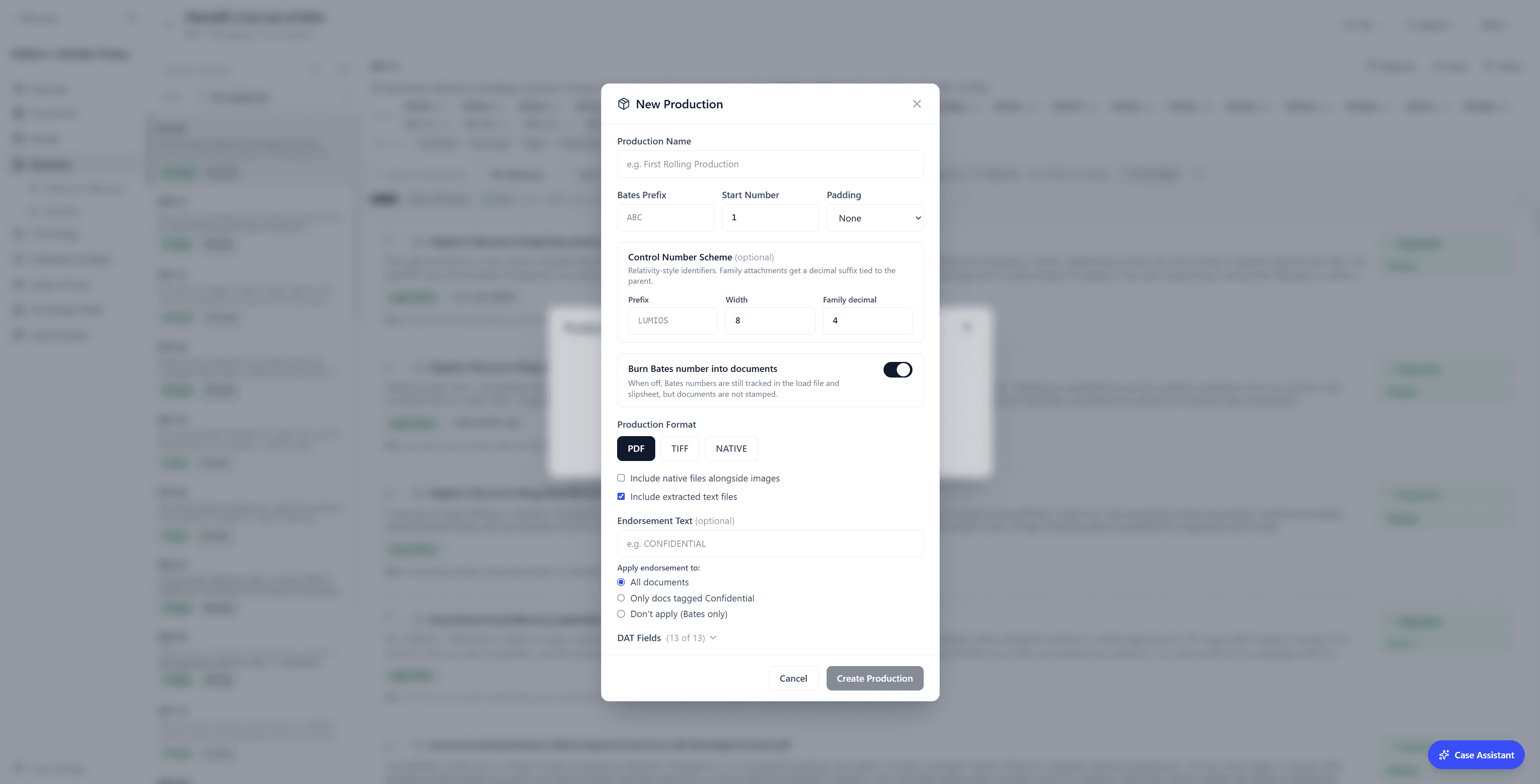 New Production modal with production name, Bates prefix, start number, padding, control-number scheme, a burn-Bates toggle, PDF/TIFF/native format options, and confidentiality endorsement settings