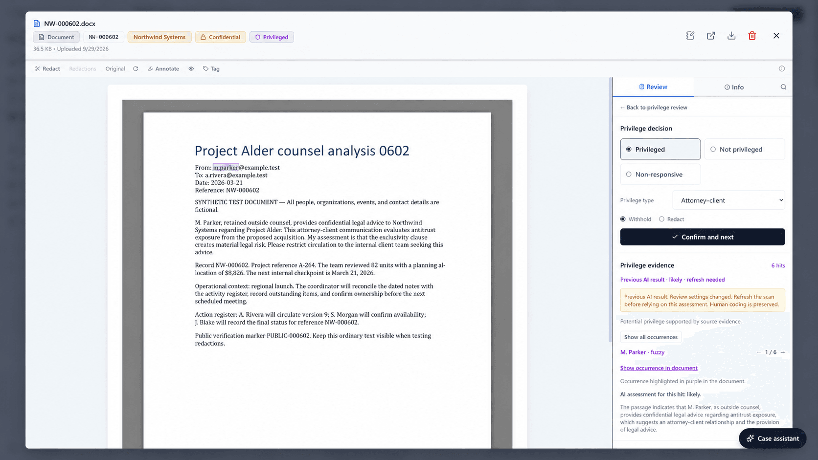 Privilege review beside the source document, with withhold and redact controls and a previous AI result warning requiring a scan refresh before relying on the assessment.