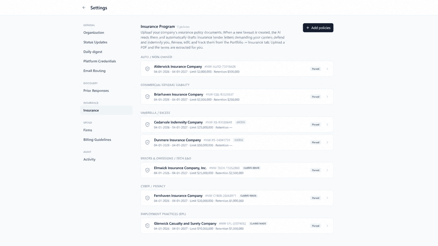 In insurance setup, Lumios groups policies by coverage and shows their extracted terms.